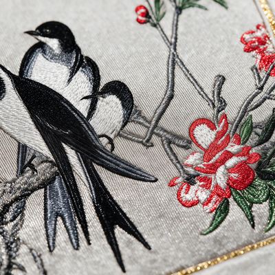 Shu-Brocade Spring Swallows on Peach Blossoms · Vertical Framed Silk Art（30*20CM）