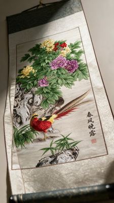 Shu Brocade "Spring Morning Dew" Golden-Pheasant & Peony Vertical Scroll