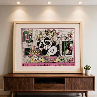 Shu-Brocade Trendy Chengdu Panda · Horizontal Framed Silk Art