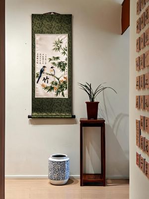 Shu Brocade Peony & Eight-Koi Vertical Scroll