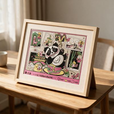Shu-Brocade Trendy Chengdu Panda · Horizontal Framed Silk Art