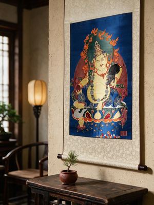 Shu Brocade Yellow Jambhala Thangka Vertical Scroll