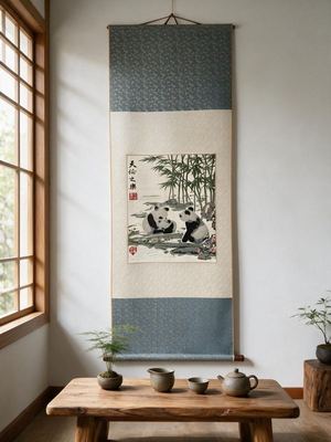 Shu-Brocade *Joy of Family Union* · Vertical Panda Silk Scroll