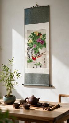 Shu Brocade "Spring Morning Dew" Golden-Pheasant & Peony Vertical Scroll