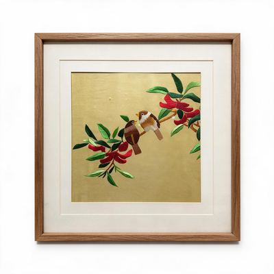 Shu-Brocade Joyful Twin Sparrows on Gilded Background · Square Framed Silk Art