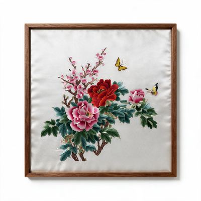Shu-Brocade Butterflies among Peonies and Plum Blossoms · Square Framed Silk Art