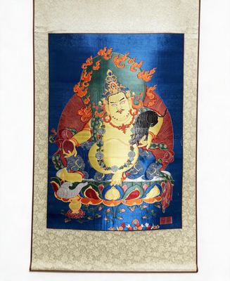 Shu Brocade Yellow Jambhala Thangka Vertical Scroll