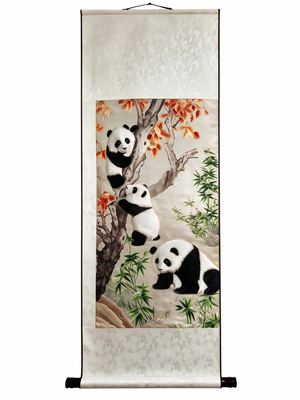 Shu-Brocade Three Pandas in Autumn Grove · Vertical Silk Scroll