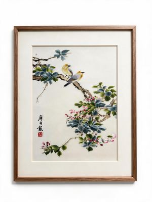 Shu-Brocade Two Birds on Blossom Branches · Vertical Framed Silk Art