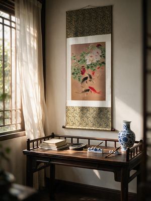 Shu Brocade Peony & Eight-Koi Vertical Scroll