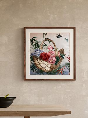 Shu-Brocade Butterflies over Flower Basket · Square Framed Silk Art