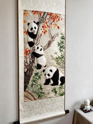 Shu-Brocade Three Pandas in Autumn Grove · Vertical Silk Scroll
