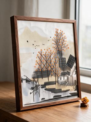 Shu-Brocade Autumn-Touched Water Town · Square Framed Silk Art