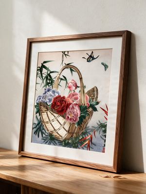 Shu-Brocade Butterflies over Flower Basket · Square Framed Silk Art