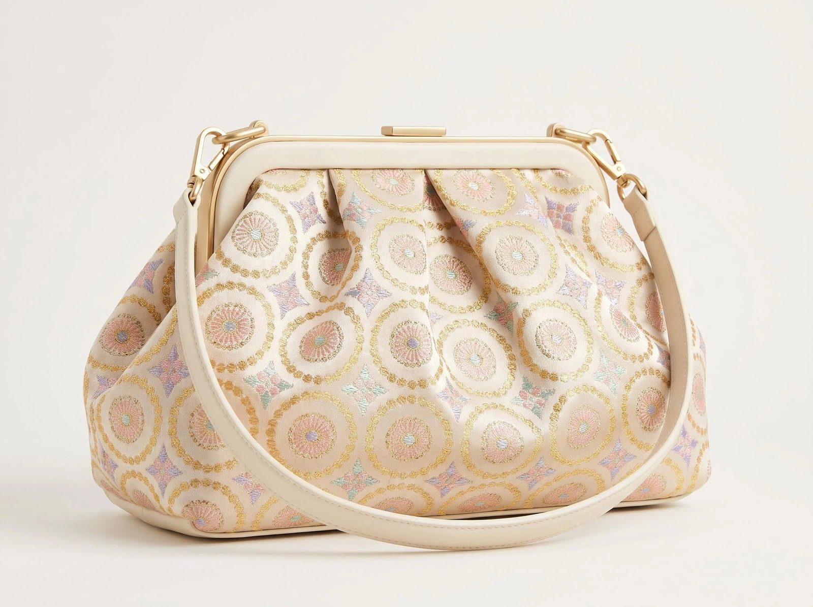 Shu Brocade Pastel Round-Floral Star-Pattern Frame Clutch Bag
