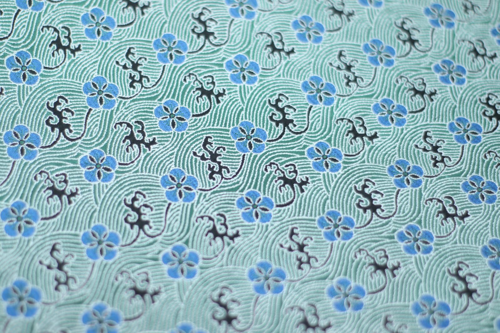 Teal Water Wave & Floral Shu Brocade Fabric | Custom by the Meter