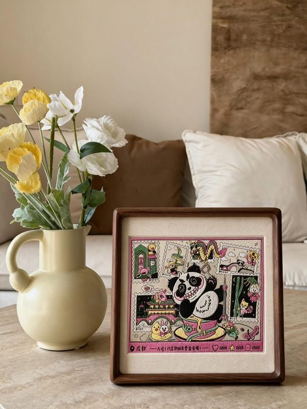 Shu‑Brocade Trendy Chengdu Panda · Horizontal Framed Silk Art