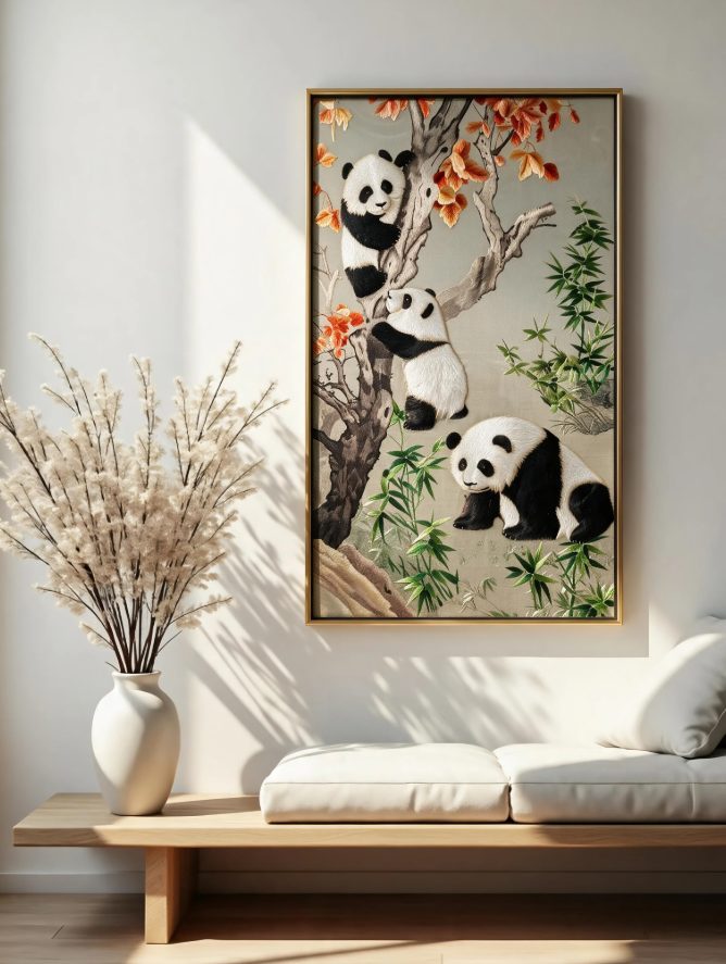 蜀锦秋林三熊猫图轴