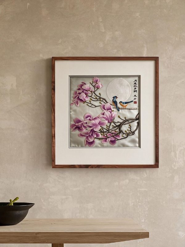 蜀锦玉兰花鸟月夜图 · 方形真丝画